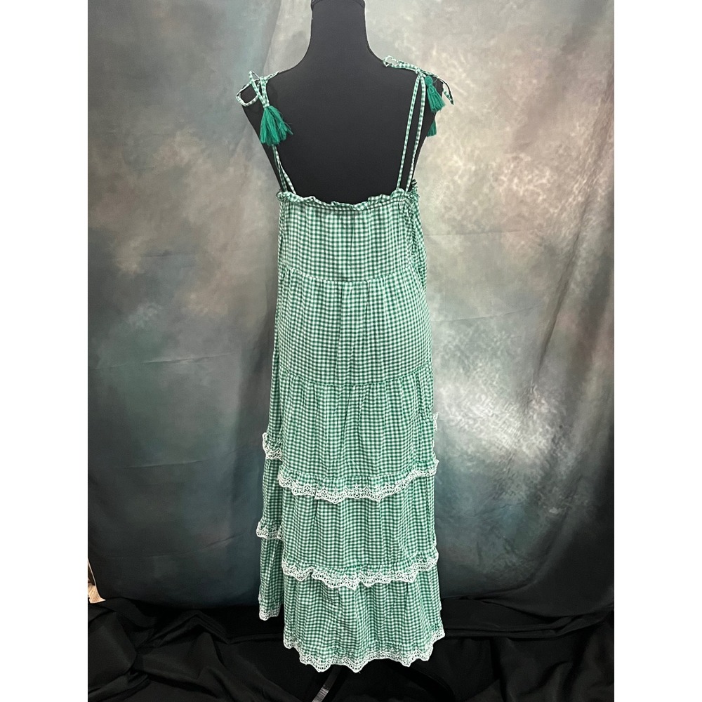 J.Crew Green Gingham Tiered Cotton Midi Dress Lace Trim Tassels Womens Large - Picture 4 of 9